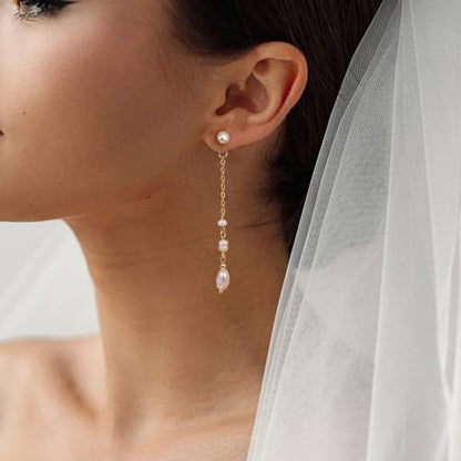 Gold Dangle Earrings for Women, 14K Threader Long Chain Drop Earrings Dangling Dainty Elegant Ear Chain with Tassel and Cubic Zirconia for Wedding Trendy Jewelry Gifts - color: Pearl Tassel