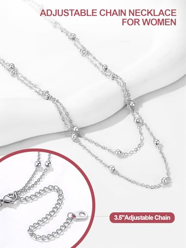 FOCALOOK Choker Necklace for Women, Double Layered Boho Beaded Choker Chain | Dainty 14K Gold Plated/Silver/Black Metal, Simple Small Satellite Beaded Chain Necklace, Hypoallergenic for Everyday Wear - color: 01.2-Layered Satellite Beads-Silver