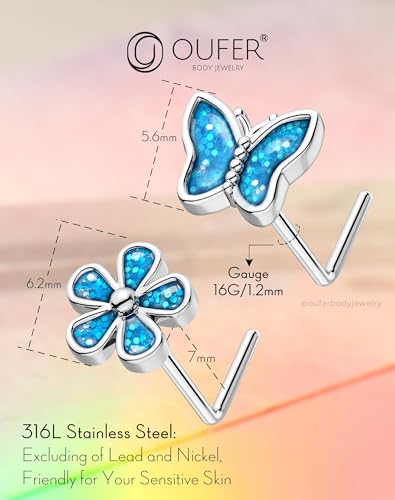 OUFER 2PCS Stainless Steel Nose Rings, Moon Star Butterfly Design 20G Nostril Dangle Piercing Jewelry - 7MM - style: Glitter Butterfly Butterfly