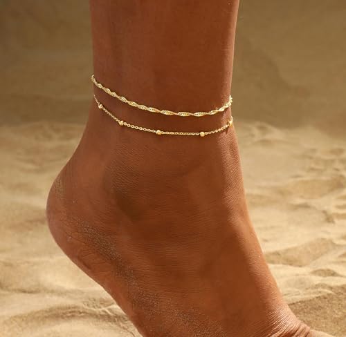 Gold Ankle Bracelets for women,14k Gold/Silver Plated Waterproof Layered lightweight Bow Beaded Twisted Chain Cross Butterfly Satellite Ankle Bracelets Set Gold Anklets for women Trendy Summer Beach Jewelry Gift for Women - style: 2 anklets twisted satell