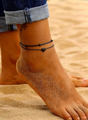 Gold/Silver Anklets for Women，Dainty 14K Gold Plated Waterproof Beaded Ankle Bracelet Non Tarnish Stackable Beach Jewelry Gift - style: 2pc-black