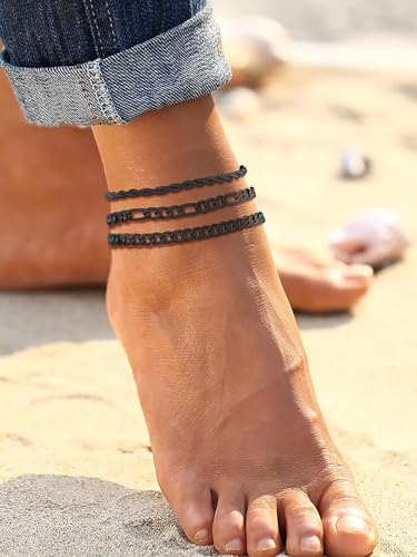 U7 2Pcs/3Pcs Ankle Bracelets for Women, Stainless Steel Cuban Link/Figaro/Rope/Heart Chain Anklets Sets,Waterproof Layered Anklets Adjustable 8.5"-10.5" - color: 03. 3Pcs Style A-Black
