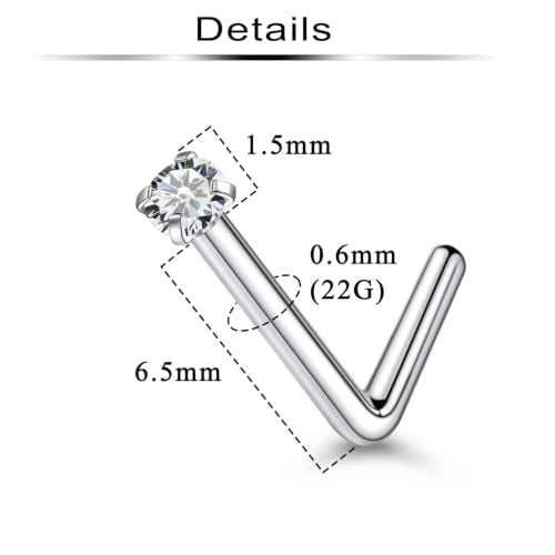6Pcs Nose Rings Studs Surgical Steel L-Shape Nose Rings for Women 1.5mm Cubic Zirconia Nostril Screw Studs Hypoallergenic Nostril Piercings 24g 22g 20g - color: L-shape,silvertone, size: 22g,1.5mm CZ