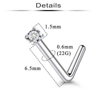 6Pcs Nose Rings Studs Surgical Steel L-Shape Nose Rings for Women 1.5mm Cubic Zirconia Nostril Screw Studs Hypoallergenic Nostril Piercings 24g 22g 20g - color: L-shape,silvertone, size: 22g,1.5mm CZ