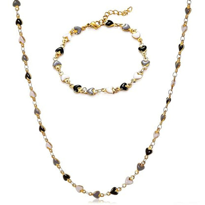 Gold Jewelry Set for Women, Dainty 18K Gold Plated Heart Necklaces Bracelets Set, Elegant Choker Necklaces Bracelets Trendy Valentine Anniversary Birthday Jewelry Gift - color: Black