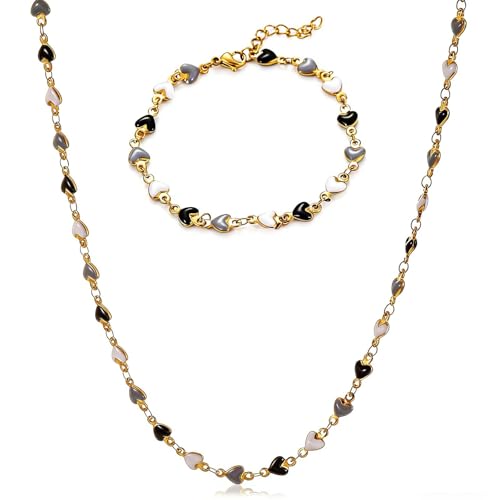 Gold Jewelry Set for Women, Dainty 18K Gold Plated Heart Necklaces Bracelets Set, Elegant Choker Necklaces Bracelets Trendy Valentine Anniversary Birthday Jewelry Gift - color: Black