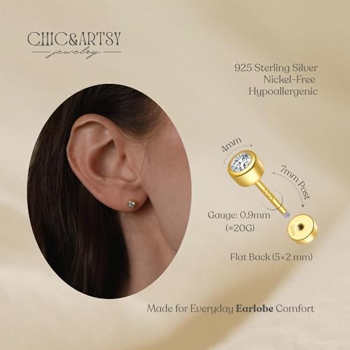 CHIC & ARTSY 18K Gold Plated Solid 925 Sterling Silver Flat Back Earrings for Women Multiple Piercings Screw Back Earrings Cartilage Hypoallergenic Jewelry - style: 925 Silver Flat Back #07