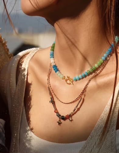 Beaded Necklaces for Women, Boho Colorful Bead Choker Necklace | Natural Gemstones, Summer Beach Jewelry, 18K Gold Plated, Handmade, Gift for Her,Charm Necklace - color: Blue&Green