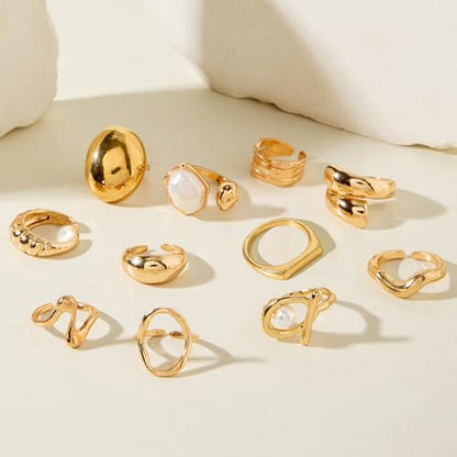 Gold Rings for Women Non Tarnish Stackable Rhinestone Moon Star Rings Dainty Stacking Pearl Butterfly Midi Pinky Thumb Joint Finger Knuckle Ring Set Gold Non Tarnish Jewelry Gifts Trendy Stuff - color: S Chunky Gold Rings 11Pcs