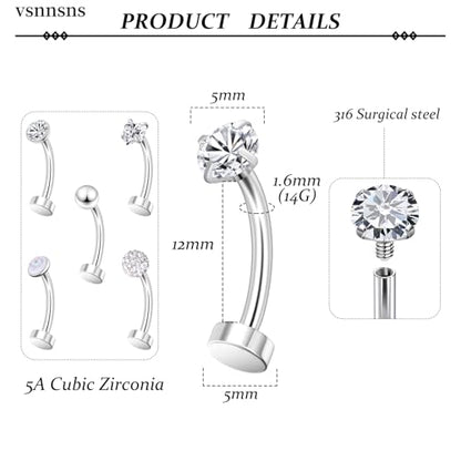 14G Floating Belly Button Ring Piercing Jewelry 316L Stainless Surgical Steel Round Heart Cubic Zirconia Opal Navel Rings Belly Button Ring Piercing Jewelry for Women 14 Gauge Hypoallergenic - color: Silver-12MM Bar-Clear CZ
