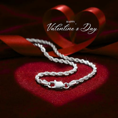 DSS 925 Sterling Silver Italian Silver Diamond Cut Rope Necklace Chain for Women & Men, Luxury Chain with Upgraded Lobster Clasp, Hypoallergenic - Made in Italy