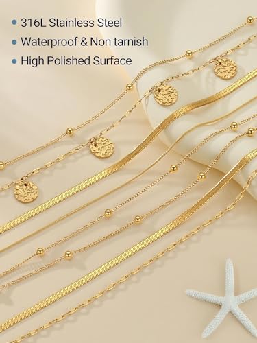 PROSTEEL Anklets for Women Waterproof, Silver/Gold/Black, Stainless Steel | Layered Anklets, Stainless Steel, Durable& No Tarnish, Summer Beach Jewelry, with Gift Box, 8-10.5" Adjustable, Plus Size - color: Gold, size: Ball Station & Paperclip