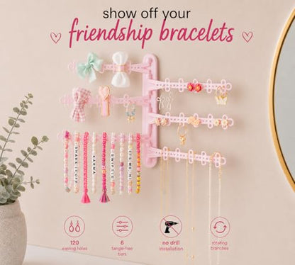 6-Tier Hanging Wall Jewelry Organizer, Earring, Necklace, Ring Holder-Pink | Large Capacity with 120 Earring Holes, Rotating Branches, Includes 3M Command Strips, Bracelet, Ring & Necklace Storage - color: 6-Tier Pastel Pink