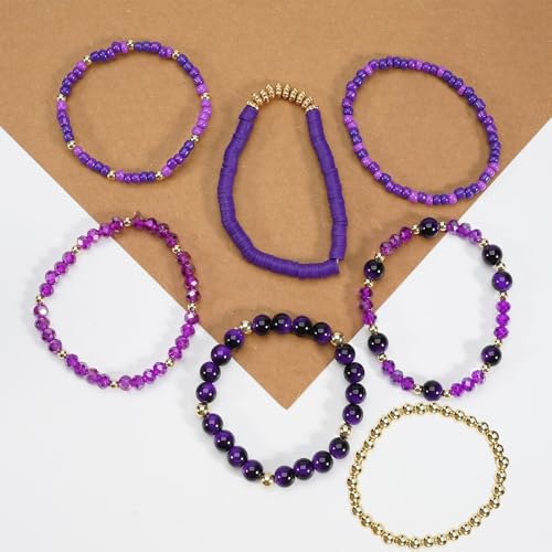 7/12Pcs Set Bohemian Stackable Crystal Seed Beaded Elastic Stretch Bracelet Multilayerd Handmade Brass Bead for Women Jewelry Surfer Heishi Polymer Clay Layering - color: purple