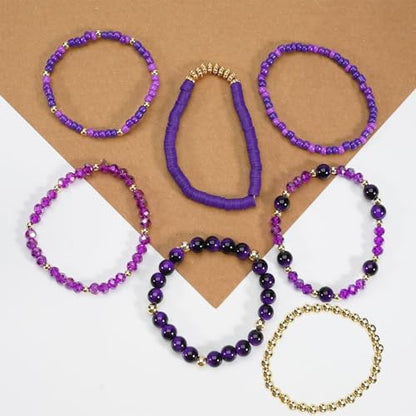 7/12Pcs Set Bohemian Stackable Crystal Seed Beaded Elastic Stretch Bracelet Multilayerd Handmade Brass Bead for Women Jewelry Surfer Heishi Polymer Clay Layering - color: purple