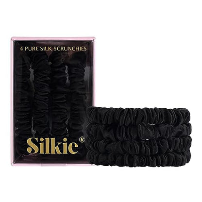 SILKIE x4 Set - Better than Satin - 100% Pure Mulberry Silk Black on Black Skinny Scrunchies Travel Pouch Everyday Hair Ties Elastics Hair Care Ponytail Holder No Damage (Noir) - color: Noir