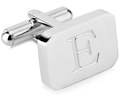 18K White-Gold Plated Initial Engraved Stainless Steel Men’s Cufflinks With Gift Box -Personalized Alphabet Letter’s A-Z By Lux & Pair - style: E- White Gold