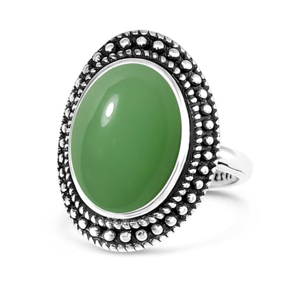 Retro Sterling Silver Stone Ring,Antique Natural Real Oval Crystal Quartz Gemstone Boho Bohemian Ring Jewelry for Women - color: A21_Dongling Jade