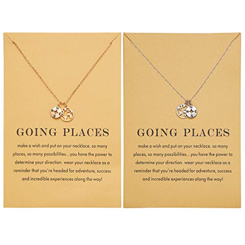 Zealmer Dainty 18K Gold Plated Compass World Map Pendant Necklace Graduation Gift for Friends - color: 2pcs Compass Gold & Silver