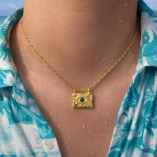 Evil Eye Necklace For Women - 18K Gold Plated Stainless Steel Celestial Moon North Star Eye CZ Gemstone Pendant - Waterproof - Anti-tarnish - Protection Jewelry Gift - style: Rectangle Evil Eye