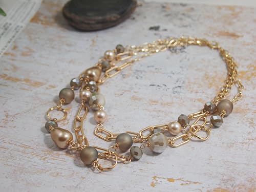 Multi Strand layered Frosted Multi Layer Mother of Pearl Statement Chunky Pastel Pearl Necklace June Birthday Gift - style: gold-filled