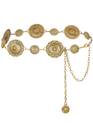 FIORETTO Western Waist Chain Belt Metal Concho Belt for Women Cowgirl Cowboy Boho Country Belt for Dress Jean - color: Gold-25, size: Fit Waist Up to 42"