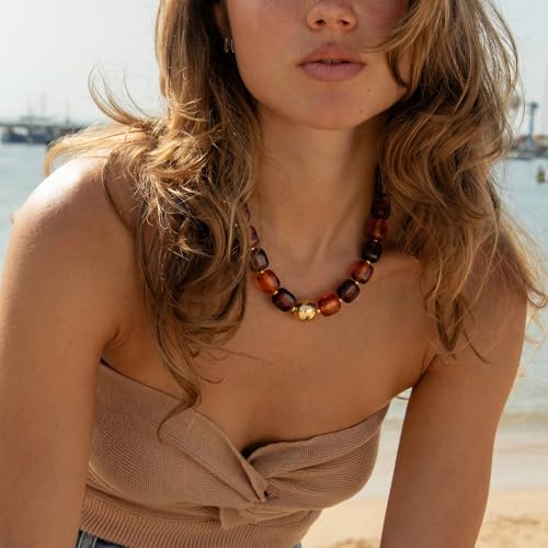 Chunky Colorful Beaded Choker Necklace for Women, Summer Beach Statement Resin Beads Necklace, Trendy Womens Summer Beach Jewelry Birthday Gifts for Vacation Holiday - color: Square Brown Bead