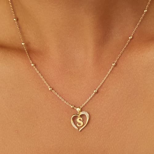 Cicy Bell Womens Heart Initial Necklace 18k Gold Plated | Personalized Letter Pendant, 17.7'' with 2'' Extender - color: Style 2-S-Gold