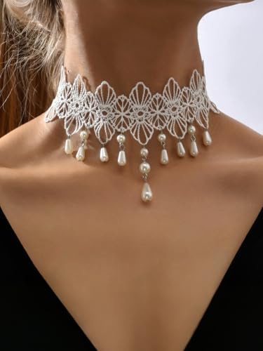 Lace Choker Necklace for Women Tassel Pendant Choker Necklaces Elegant Boho Collar Necklaces Statement Artistic Chain Necklace with Pearl Halloween Party Cosplay Costume Jewelry - color: White Lace Pearl-2