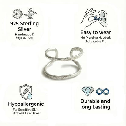 925 Sterling Silver Ear Cuff, Handmade Single Band Adjustable Non Piercing Clip On Cartilage Earring, Minimalist Ear Wrap Faux Piercing Jewelry for Women - style: Hammered Double Band