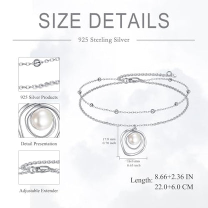 POPLYKE Frog/Pearl/Dragonfly/Ladybug/Highland Cow/Pearl/Moonstone Anklets Sterling Silver Double Layered Chain Beach Anklets for Women Foot Jewelry - style: Pearl
