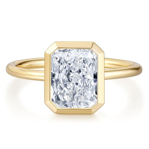 Radiant Cut Moissanite Engagement Ring for Women, Bezel Set Solitaire Ring | D Color VVS1 925 Sterling Silver 14K Gold Plated Wedding Ring, Available in 2CT 3CT 5CT, Diamond Alternative Promise Jewelry - style: 01 - Yellow Gold - 3CT Radiant Moissanite