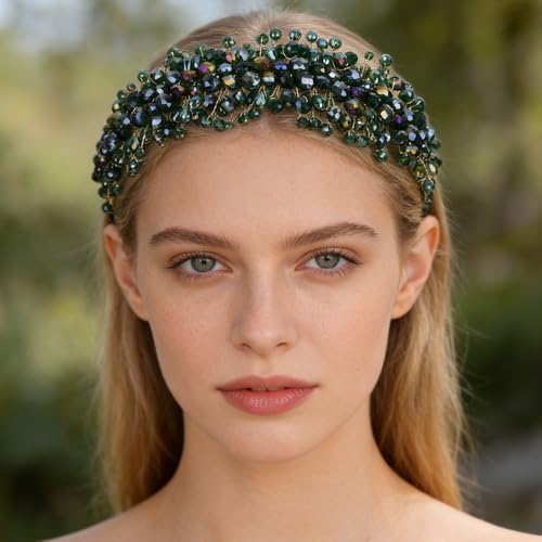 Denifery Large Crystal Headband for Wedding Bridal Hair Band Headpiece for Party Prom Hair Accessories (green) - color: green