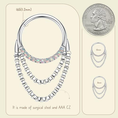 AROWRO Chain Septum Rings 316L Surgical Steel Septum Clicker Daith Piercing Jewelry Dangle Nose Rings for Women 16G 8/10mm Conch Cartilage Hoop Seamless Hinged Septum Jewelry with Clear CZ/Opal - color: Style-2-Silver double chains&Opal, size: 16G-8mm