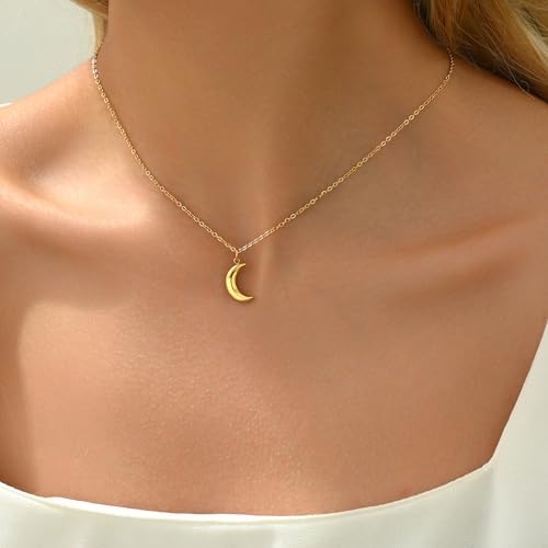 Gold Necklace for Women Dainty 18K Gold Plated | Sun Horn Crescent Moon Lucky Horse Shoe Pendant Necklace Waterproof Stainless Steel Trendy Jewelry, Gift Box Included - color: Moon-Gold