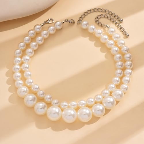 Layered Big Pearl Choker Necklaces for Women Fashion Adjustable Faux Pearls Necklaces Chunky White Large Beaded Necklace Jewelry Accessories