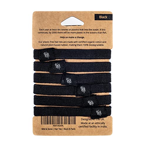 Wild & Stone | Pack of 6 Hair Bands | 100% Biodegradable and Plastic-Free Elastic Hair Ties | 100% Organic Cotton and Natural Plant-Based Rubber | No Crease Ponytail Holder (Black) - color: Black