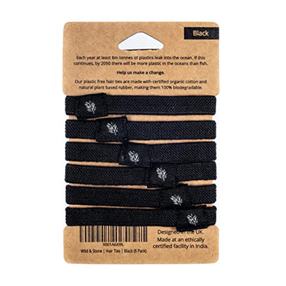 Wild & Stone | Pack of 6 Hair Bands | 100% Biodegradable and Plastic-Free Elastic Hair Ties | 100% Organic Cotton and Natural Plant-Based Rubber | No Crease Ponytail Holder (Black) - color: Black