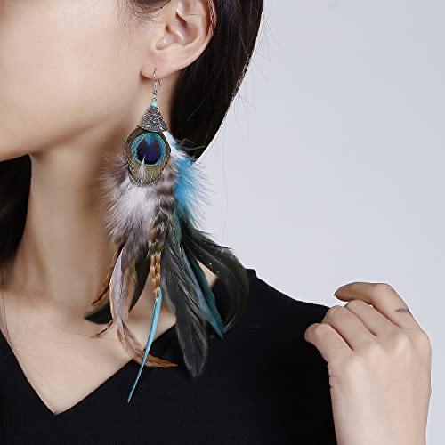 Bohemian Pheasant Peacock Long Feathers Statement Earrings Handmade Natural Lightweight Feather Dangle Earrings for Women (ea000071) - color: Peacock Blue