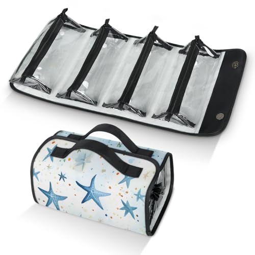 Blue Starfish Hanging Roll Up Cosmetic Bag with 4 Removable Storage Bags Waterproof Foldable Toiletry Kit for Women - color: Multicolor 8