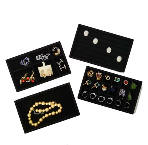 Stackable Jewelry Trays Velvet Drawer Organizer Inserts Tray Jewelry Storage Display Case for Rings,Stud Necklaces,Earrings (Black) - color: Black