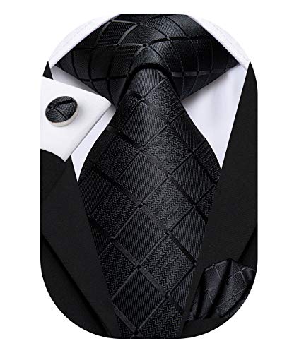 Hi-Tie Men 63inches Tie Set Extra Long Necktie Paisley Tie Pocket Suqare Cufflinks Big and Tall Men Tie - color: Black Plaid