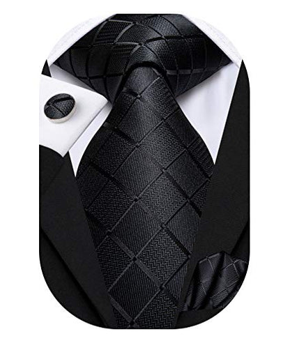 Hi-Tie Men 63inches Tie Set Extra Long Necktie Paisley Tie Pocket Suqare Cufflinks Big and Tall Men Tie - color: Black Plaid