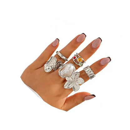 Chunky Gold Rings Set for Women Trendy Statement Flower Knuckle Ring Baroque Pearl Stack Ring Wrinkled Prom Outfits Accessories - color: Silver