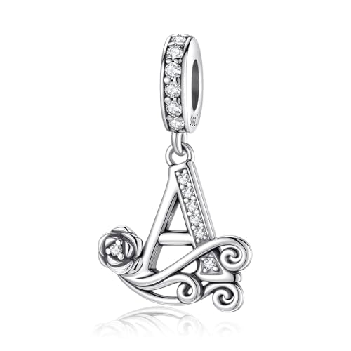 LNQOBU Complete A~Z Alphabet Charm Letter Beads, Solid 925 Sterling Silver with Cubic Stones Rose Alphabet Charm fits Pandora Bracelets Necklace Women Jewelry - color: CYT-A