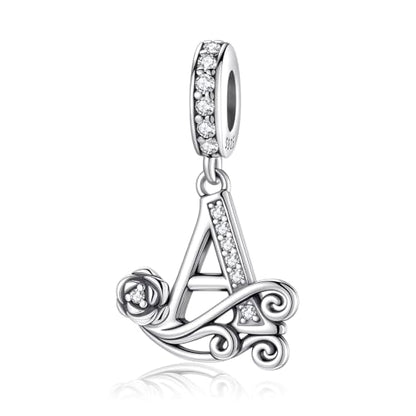 LNQOBU Complete A~Z Alphabet Charm Letter Beads, Solid 925 Sterling Silver with Cubic Stones Rose Alphabet Charm fits Pandora Bracelets Necklace Women Jewelry - color: CYT-A
