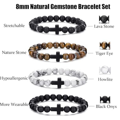 RANKEEF Tiger Eye Bracelet For Men 8MM Natural Stone Stretch Adjustable Black Crystal Beaded Bracelet for Men Women Gifts - color: 4,cross bead bracelet