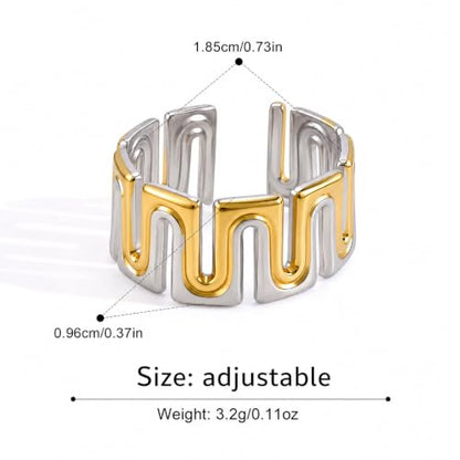 Gold Open Ring Stainless Steel Geometric Wide Band Adjustable Statement Ring for Women Daily Party Jewelry - color: B0104-Silver