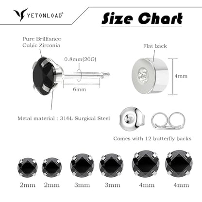 5-6 pairs Push-in Flat Back Stud Earrings Hypoallergenic Surgical Stainless Steel Cubic Zirconia Earrings Studs Set Multi-Pack, CZ Stud Earrings for Women Men Trendy Cartilage Stud Earrings 2-8mm - color: black-2/3/4mm(6pairs)