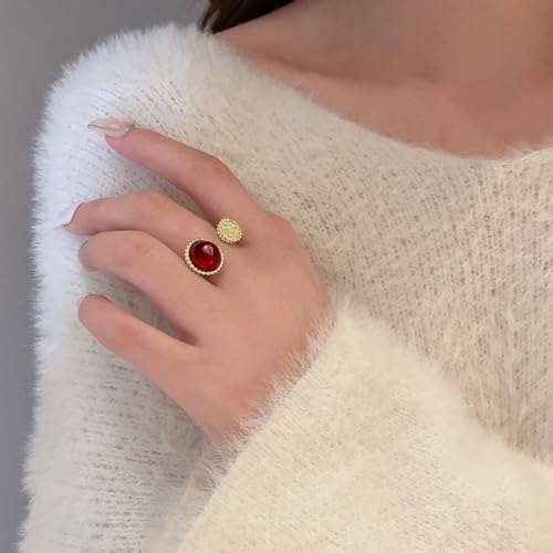 Round Red and Crystal Stone Statement Ring for Women Gold Plated Adjustable Expandable Retro CZ Open Wrap Finger Rings Comfort Fit Vintage Boho Wedding Christmas Anniversary Jewelry